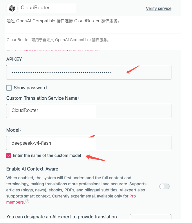 沉浸式翻译模型配置界面